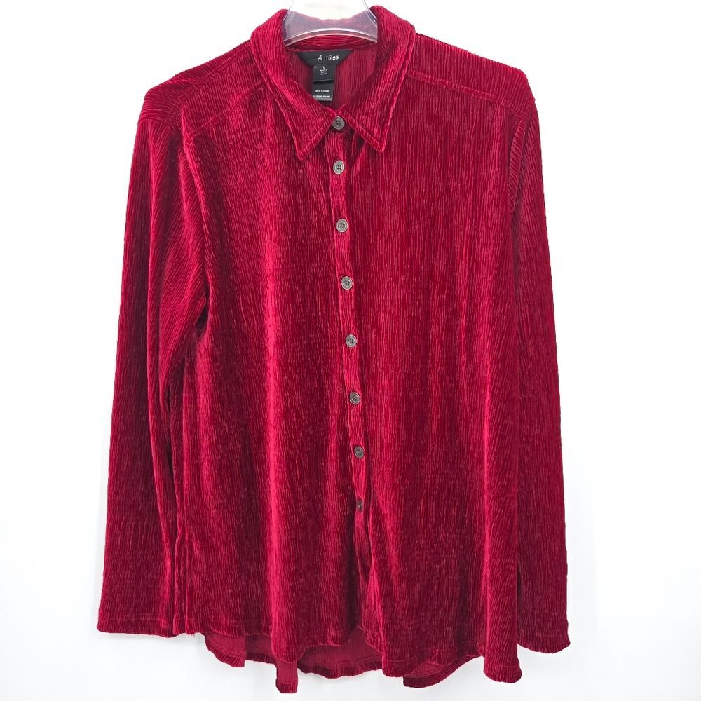 Ali Miles Crinkle Button Up Down Tunic Top Womens Size Large Velvet Lagenlook